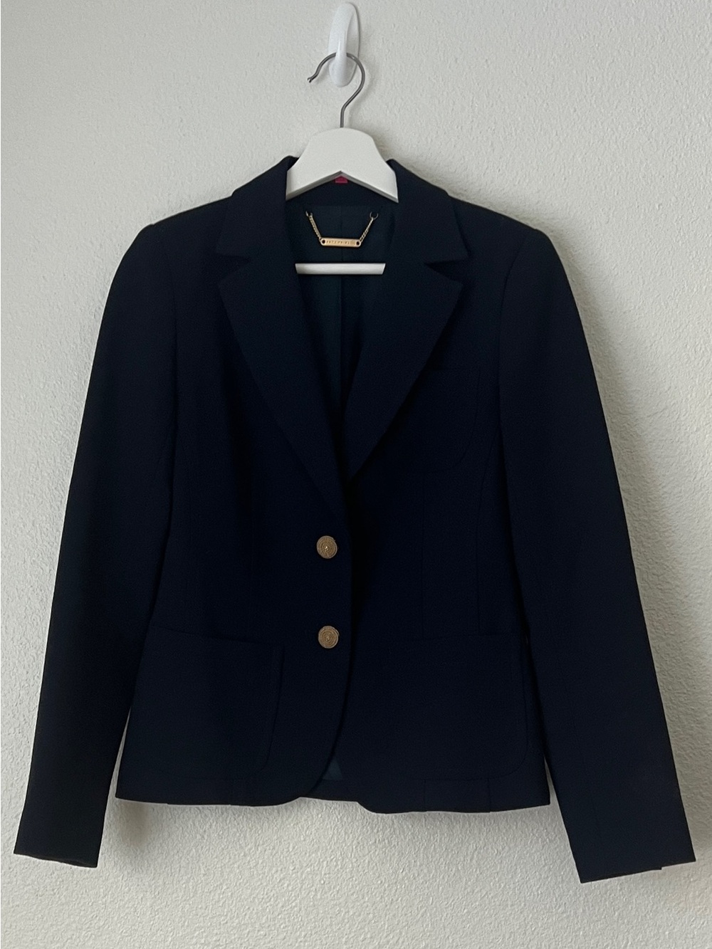Trina Turk Yin Blazer Navy Blue Gold Crest Button Tailored Suit Jacket Size 4
